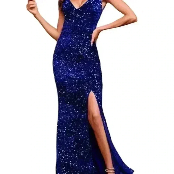 Unbranded V neck backless stretch sequin slit sleeveless evening maxi dress. - Picture 11 of 16